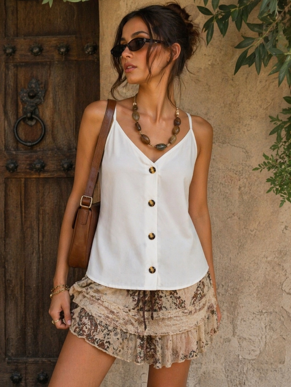 White Sleeveless V-Neck Button Front Blouse Boho Flowy Adjustable Strap Top